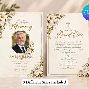 May include: Two rectangular funeral program cards with cream backgrounds and gold text. The left card features a circular photo of a man, the name James William Carter, dates, and floral accents. The right card displays a prayer and floral details.