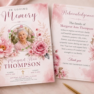May include: A funeral program template featuring a soft pink watercolor background with floral accents. The front displays a circular photo frame, the text In Loving Memory of Margaret Ann Thompson, and service details. The back includes an acknowledgement.