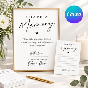 May include: A gold-framed sign with black text reading Share a Memory, Please take a moment to share a memory, story, or kind message for our loved one, With Love, IN LOVING MEMORY OF Olivia Rose, alongside matching cards and a gold pen.