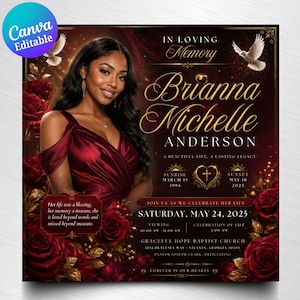 May include: A memorial announcement featuring a portrait of Brianna Michelle Anderson, framed with red roses and gold accents. The text includes dates, times, and location details for a celebration of life event. The design incorporates doves and decorative script.