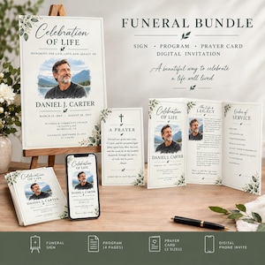 Könnte beinhalten: Ein Bestattungs-Set bestehend aus einem Celebration of Life-Schild, einer Gebetskarte, einem vierseitigen Programm und einer digitalen Einladung auf einem Smartphone. Das Set besteht aus weißem Papier mit grünen Blattmotiven und dem Text Daniel J. Carter.