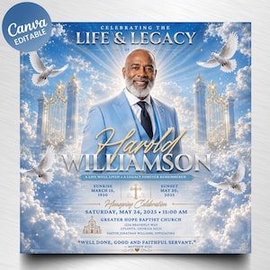 May include: A funeral programme template featuring a portrait of a man in a light blue suit against a blue sky with clouds, white doves, and golden gates. Text includes CELEBRATING THE LIFE & LEGACY OF HAROLD WILLIAMSON, dates, and service details.