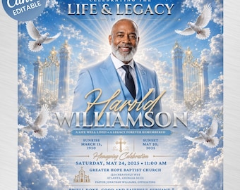 May include: A funeral program template featuring a portrait of a man in a light blue suit against a blue sky with clouds, white doves, and golden gates. Text includes CELEBRATING THE LIFE & LEGACY OF HAROLD WILLIAMSON, dates, and service details.