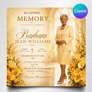 May include: A funeral program template featuring a portrait of a person in a yellow suit, surrounded by yellow flowers. Text reads: IN LOVING MEMORY, Barbara JEAN WILLIAMS, SUNRISE MARCH 12, 1948, SUNSET APRIL 30, 2025, CELEBRATION OF LIFE, SATURDAY, MAY 10, 2025.
