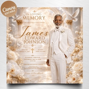 Peut inclure: Un modèle de programme funéraire avec un homme en costume blanc, du texte doré IN LOVING MEMORY, James Edward Johnson, sunrise March 15, 1947, sunset April 30, 2025, et les détails du service, entouré de fleurs blanches, colonnes et colombes.