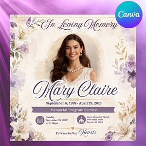 以下が含まれることがあります： 女性のポートレート、In Loving Memory、Mary Claire、1998年9月6日〜2025年4月29日というテキスト、Grace Memorial Churchでのイベント詳細が記載された追悼プログラムカード。紫と白の水彩画風の花の装飾が施されています。