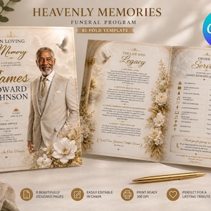 Puede incluir: Una plantilla de programa funerario plegable titulada Heavenly Memories con un retrato de James Edward Johnson, detalles florales dorados y un orden de servicio. El diseño incluye texto sobre la vida y el legado, detalles del servicio y un logo de Canva.