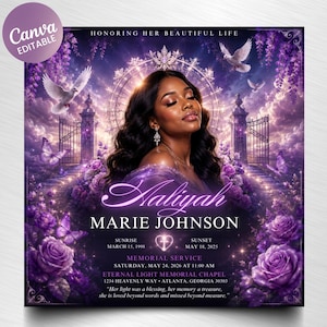 May include: A purple and white memorial announcement with the text "Honoring Her Beautiful Life." It features a portrait of a woman, doves, butterflies, and roses. The name "Aaliyah Marie Johnson" is displayed, along with memorial service details.