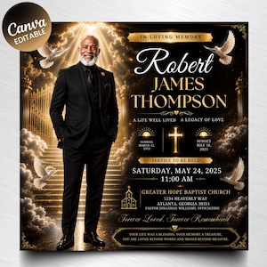 May include: A funeral program template featuring a man in a black suit standing before golden gates and clouds. Text includes: In Loving Memory, Robert James Thompson, A Life Well Lived, A Legacy of Love, Sunrise March 12, 1953, Sunset May 18, 2025.