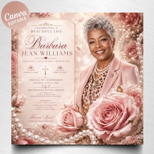 May include: A funeral programme template featuring a portrait of a smiling person with short grey hair wearing a pink blazer and pearl necklace. The design includes pink roses, strings of pearls, and text details for Barbara Jean Williams.