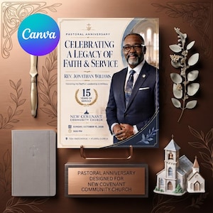 May include: A pastoral anniversary flyer for Rev. Jonathan Williams featuring a portrait of a man in a suit, text reading Celebrating a Legacy of Faith & Service, 15 Years of Service, and New Covenant Community Church, with a small church model.