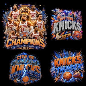 Op de afbeelding: Een grafisch ontwerp met vier New York Knicks basketbalthema's. De afbeeldingen bevatten spelers in tenues, een basketbal, de skyline van New York City en de tekst New York Knicks, Heroes of the City Champions 2026, City of Knicks en Knicks Thunder.