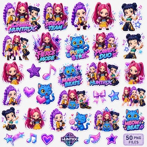 Op de afbeelding: Een verzameling van 50 digitale stickers met chibi-stijl personages met roze en zwart haar, blauwe katten, muzieknoten, sterren en harten. Tekstelementen zijn onder meer Chibi Huntrix, Dream Team, Fierce Mode, Purr Star, Power Duo, Magic Beats, Huntrix, Meow Beat en 50 PNG Files.