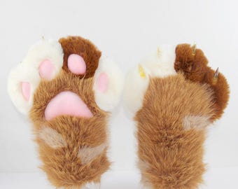 Guantes de piel de gato marrón, guantes peludos hechos a mano con almohadillas rosas, encargo de guantes con garras personalizados para cosplay de fursona.