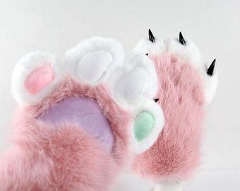 Handgemachte Teen pelzige Pfoten Handschuhe anpassbare weiche rosa weiße Fell mehrfarbige Pads sicher Krallen Fursuit Cosplay Geburtstagsgeschenk.
