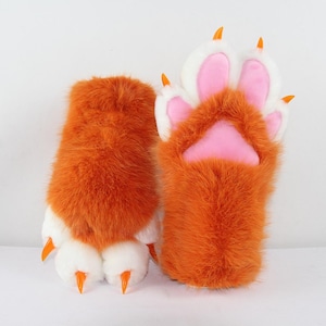 Guantes de peluche con forma de pata de zorro, piel sintética, almohadillas rosas, garras naranjas, accesorio para cosplay.