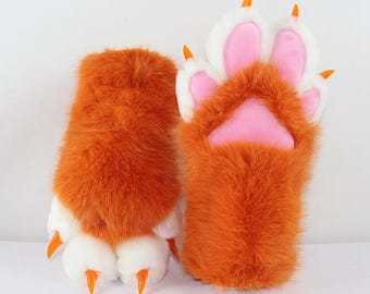 Plush Fox Paw Gloves, Faux Fur, Pink Pads, Orange Claws, Cosplay Accessory.
