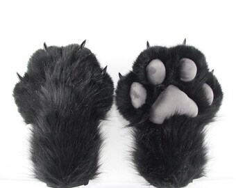 Patas de fursuit de piel sintética negra personalizadas, guantes de mano de disfraz de piel con garras afiladas hechos a mano, fursuit de Halloween,