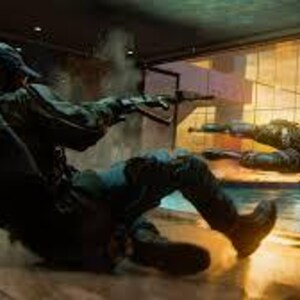 May include: A digital illustration from the video game Call of Duty: Black Ops 6. A character in tactical gear aims a weapon, while another character is suspended in mid-air. The scene is set in a modern environment with a pool and cityscape.