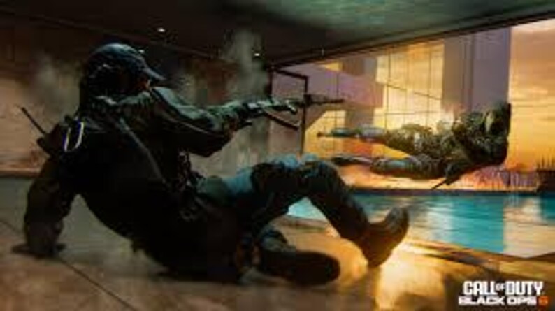 May include: A digital illustration from the video game Call of Duty: Black Ops 6. A character in tactical gear aims a weapon, while another character is suspended in mid-air. The scene is set in a modern environment with a pool and cityscape.