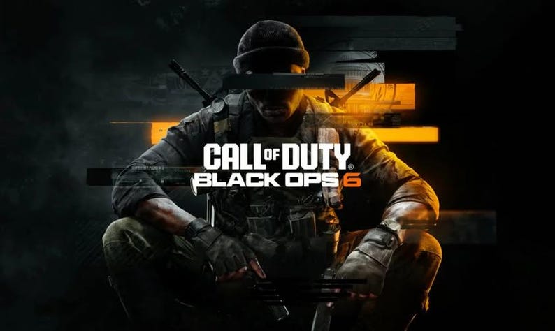 May include: A promotional image for the video game "Call of Duty: Black Ops 6". The image features a soldier in tactical gear, kneeling with a weapon. The game's title is prominently displayed in white text against a dark background with orange accents.