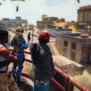 May include: A digital illustration depicts a group of soldiers on a rooftop, observing a war scene. Explosions and parachuters are visible in the background. The soldiers are wearing various military uniforms and carrying weapons.