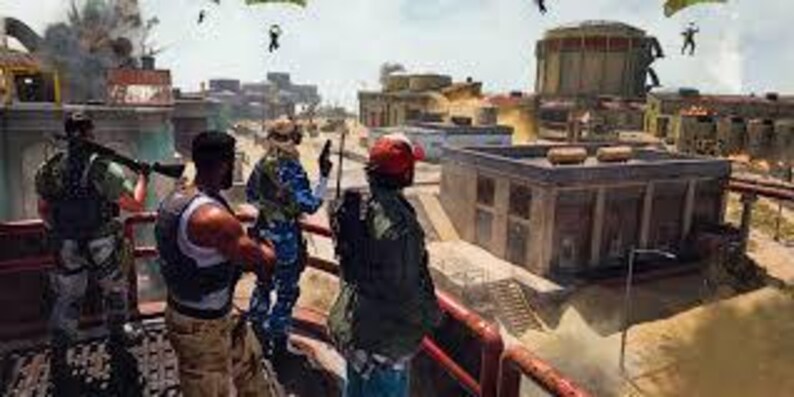 May include: A digital illustration depicts a group of soldiers on a rooftop, observing a war scene. Explosions and parachuters are visible in the background. The soldiers are wearing various military uniforms and carrying weapons.