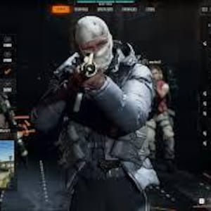 May include: A screenshot from a multiplayer video game featuring a character in tactical gear aiming a rifle. The character wears a white face covering and a light gray jacket. The game interface displays player information and game settings.