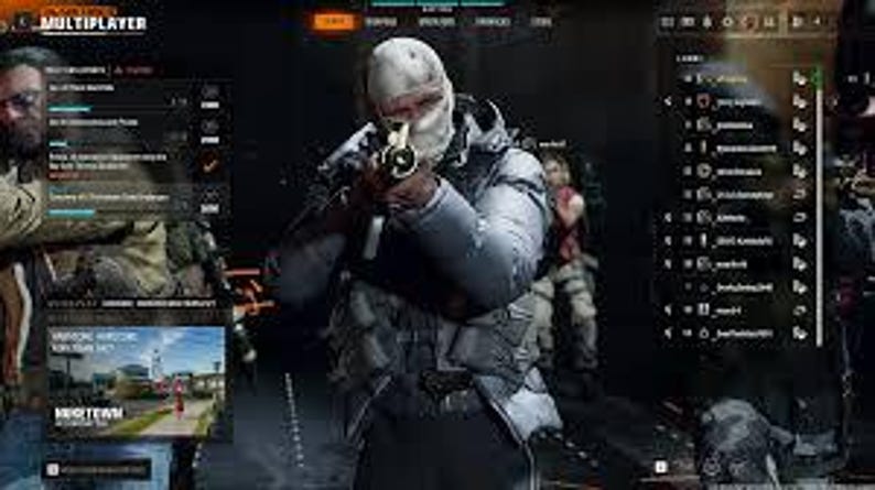 May include: A screenshot from a multiplayer video game featuring a character in tactical gear aiming a rifle. The character wears a white face covering and a light gray jacket. The game interface displays player information and game settings.