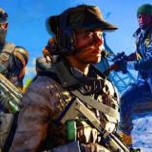 May include: Image of a group of soldiers in combat gear, holding rifles. One soldier wears a helmet and goggles, while another wears a hat. The scene is set outdoors with a blue sky and snow.