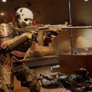 May include: A soldier in tactical gear, including a helmet and body armor, aims a rifle. The scene is set in a modern, indoor environment with a futuristic aesthetic. Another soldier is on the ground, and a third is in the background.
