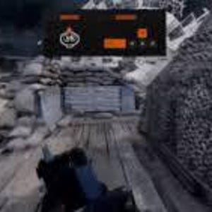 May include: A first-person perspective from a video game, showing a player moving through a war-torn environment. The scene includes wooden walkways, concrete structures, and a camouflage net. An orange and black heads-up display is visible.