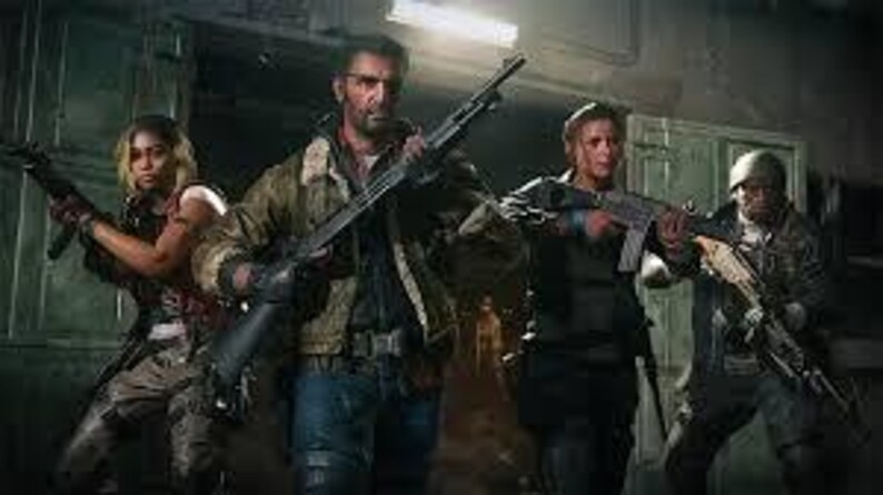 May include: Four individuals, each holding a firearm, stand in a dimly lit, industrial-looking setting. The group includes a woman with a rifle, a man with a shotgun, and two others with assault rifles. They are dressed in tactical gear and casual clothing.