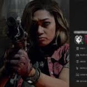 May include: A woman with blonde hair holds a gun, looking intently at the viewer. The image has a dark, cinematic feel, with a focus on the woman's face and the weapon. A game interface is visible in the background.