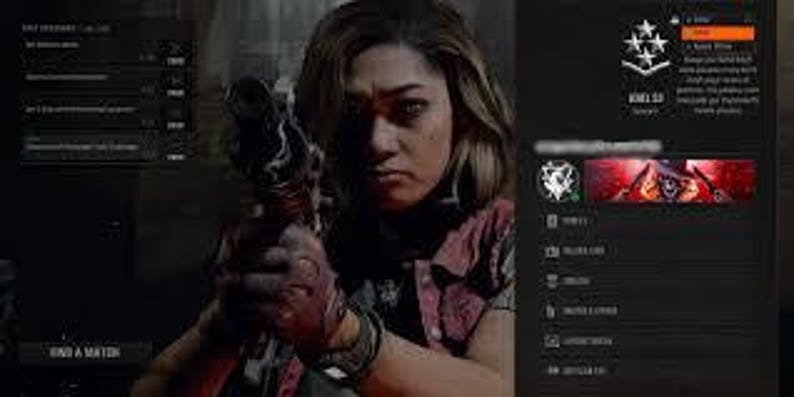 May include: A woman with blonde hair holds a gun, looking intently at the viewer. The image has a dark, cinematic feel, with a focus on the woman's face and the weapon. A game interface is visible in the background.