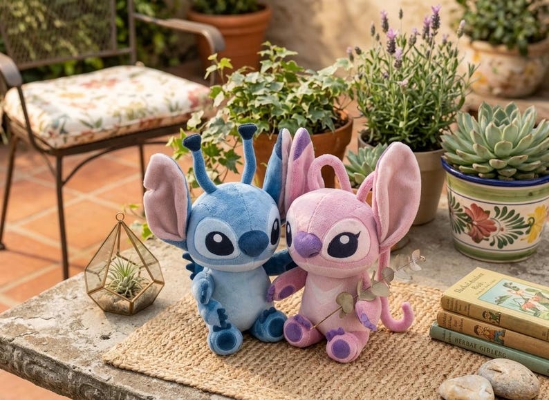 May include: Two plush toys featuring the characters Stitch and Angel. The blue Stitch plush has large ears, antennae, and dark eyes. The pink Angel plush has large ears, a purple nose, and dark eyes. Both are seated upright on a woven mat.