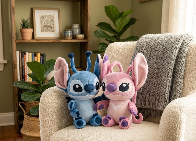 May include: Two plush toys featuring the characters Stitch and Angel. The blue Stitch plush has large ears and antennae, while the pink Angel plush has large ears and a heart-shaped chest patch. Both have large black eyes and soft fabric.