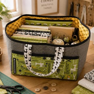 May include: A gray fabric storage tote with two handles featuring a black and white sewing machine pattern. The exterior front pocket is green with a sewing-themed print. The interior is lined with a yellow and black diamond-patterned fabric.