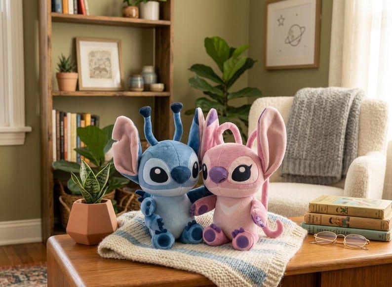 May include: Two plush toys featuring the characters Stitch and Angel. The blue Stitch plush has large ears and antennae, while the pink Angel plush has large ears and a heart-shaped chest pattern. Both sit together on a textured white blanket.