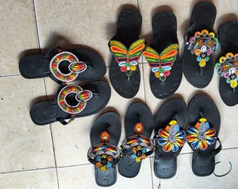 Afrikanische Perlen Sandalen, Lederperlen Schuhe, Flip-Flops, afrikanische Frauenrutschen