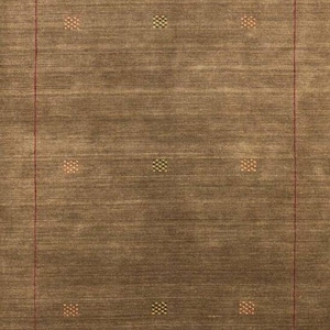 May include: A rectangular brown area rug featuring a thin red border line that frames the interior. Nine small, square-shaped grid patterns in muted orange, yellow, and green are arranged in a three-by-three grid formation within the red border.
