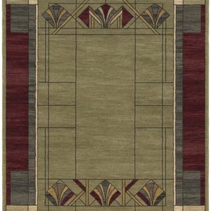 May include: A rectangular area rug featuring a sage green center field framed by a geometric border in deep burgundy, charcoal gray, and tan. The design includes stylized fan-shaped motifs and thin black lines creating a structured grid pattern.