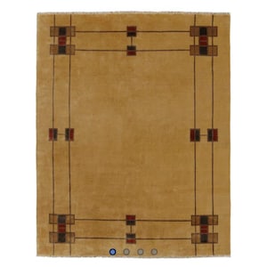 May include: A rectangular area rug in a solid mustard yellow hue featuring a dark brown linear border pattern. The design includes geometric accents in deep red and black at the corners and along the sides. The rug has a short fringe at the top.