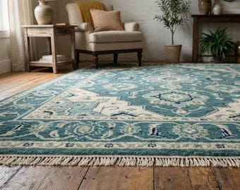 Hand Knotted Oushak Rug, Teal Wool Area Carpet, Turkish Living Room Design