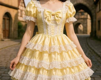 SissyYellow Satin Tiered Lace Lolita DressVintage  Mini Dress