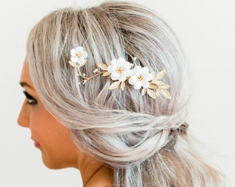 White Garden Rose and Leaves Hair Comb white Flower Bridal Headpiece. Floral and Leaves Bridal Hair Comb.  CAESAR Hair Comb