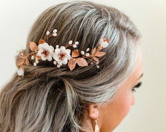 White Garden Rose with Rose Gold Brass Leaves Hair Comb white Flower Bridal Headpiece. Floral and Leaves Bridal Hair Comb.  CARMEN Hair Comb