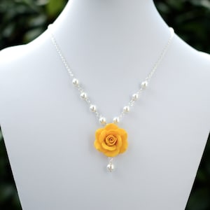 Golden Yellow Rose Necklace, Yellow bridesmaid necklace, yellow Spring summer necklace, Yellow Flower necklace.