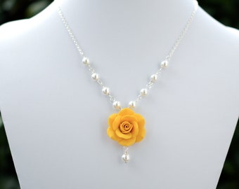Golden Yellow Rose Necklace, Yellow bridesmaid necklace, yellow Spring summer necklace, Yellow Flower necklace.