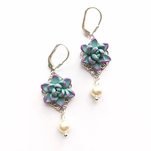 Dusty Mint With Purple Tips Succulent Earrings, Succulent Earrings. Succulent Statement Earrings. image 1